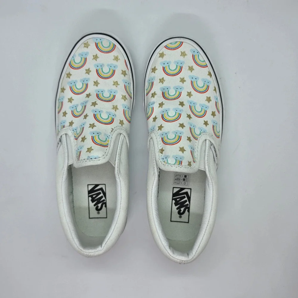 Vans Kids Classic Slip-On Rainbow Star Glitter White Canvas Shoes Size‎ 2.5 Kids